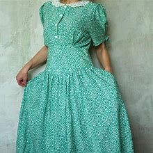 Vintage Dresses | Vintage Lace Collar Dress Ditsy Print Basque Waist Tea Dress/ Kawaii S | Color: Green/White | Size: S