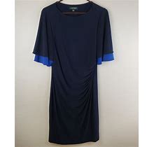 Lauren Ralph Lauren Women Lined Dress Size 12 Blue Layered Flutter Sleeve Ruched