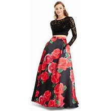 B Darlin Womens Black Sequined 2 Pc Floral Long Sleeve Scoop Neck Full-Length Prom Fit + Flare Dress Juniors 0