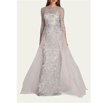 Rickie Freeman For Teri Jon Beaded Illusion-Sleeve Tulle Gown, Bls Multi, Women's, 4, Evening Formal Gala Gowns Mother Of The Bride Groom Tulle Gowns