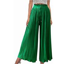 Mrat Women's Pants With Pockets Full Length Pants Ladies Fashion Casual High Waist Elastic Waist Drawstring Straps Solid Color Draped Pleated Wide Leg