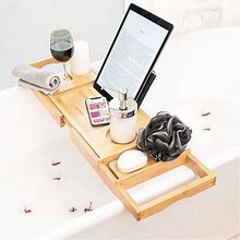 Bath Caddy Tray For Tub: Bamboo Bathtub Tray Caddy Expandable With Wine Glass Holder And Book Stand. Luxury Bubble Bath Accessories & Spa Decor. Self