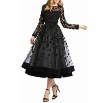 Mac Duggal Sz 14 Long-Sleeve Tea-Length Floral Applique Cocktail Dress