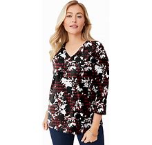 Plus Size Women's Stretch Cotton V-Neck Tee By Jessica London In Red Floral Houndstooth (Size 34/36) 3/4 Sleeve T-Shirt
