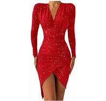 Yubnlvae Dresses For Women Deep V-Neck Sheath Long Sleeve Irregular-Hem Dress Dinner Party Banquet Dress - Red