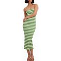 Suanret Women Midi Bodycon Dress Stripe Strapless Boat Neck Backless Tube Dress Summer Slit Party Dress Green M