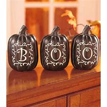 Set Of 3 Pumpkins BOO Black & White Jack-O-Lantern Halloween Decorations Ceramic