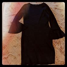 Nina Leonard Dresses | Nwot Nina Leonard Navy Ribbed Ruffle Sleeve Dress | Color: Black/Blue | Size: L