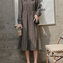 Floral Print Mock Neck Dress, Elegant Long Sleeve Dress For Spring & Fall, Women's Clothing,Coffee,All-New,Temu