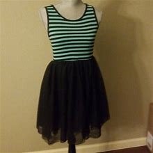 Knit Works Girls Tulle Tank Skater Dress Black/Turquoise Stripes Size 16