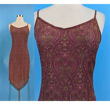 Y2K XS Metallic Purple Spaghetti Strap Sheath Dress With Handkerchief Beaded Hem - 2000 Bodycon Dress