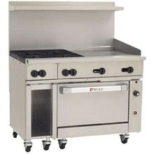 Wolf C48C-4B24GT Challenger XL 4-Burner LP Gas Range With 24 Thermostat Control Griddle-Convection Oven 48 W