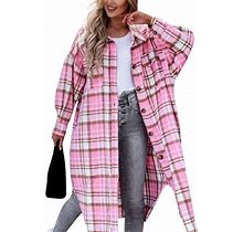 Canrulo Women Plaids Jacket Button Down Shirt Long Sleeve Cardigan Irregular Hem Tops Fall Clothes Pink Plaids XL