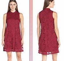 Tiana B. Red Wine Floral Lace Mock Neck Sleeveless Lined Shift Dress