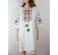 Vintage Embroidered Dress 70S Folk Shift Dress Bohemian Heavily Embroidered Hippie Peasant Dress Knee Length Retro Festival Boho