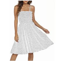 Summer Dress For Women Spaghetti Strap Polka Dots Boho Beach Dress Smocked Elastic Waist Flowy A Line Knee Length Dress