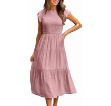Liacowi Women Junior Summer Midi Dresses Ruffle Short Sleeve Smocked Dress Tiered A-Line Flowy Sundress