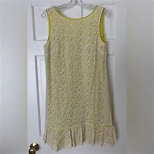 Loft Dresses | Ann Taylor Loft Cream Lace W Yellow Lining Drop Waist Shift Dress Sz 10 | Color: Cream/Yellow | Size: 10