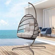 Nicesoul Foldable PE Wicker Brown Hanging Egg Chair With Stand Swing Chair With Cushion And Pillow Capacity 350Lbs