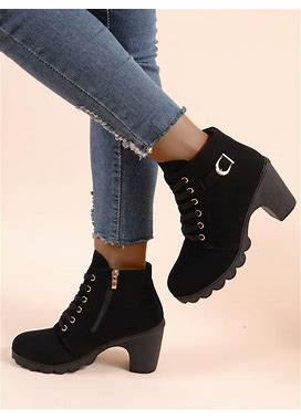Women's Fashionable Black Slip-On Short Boots Winter Boots With Buckle Decoration Chunky Heel Boots,CN35
