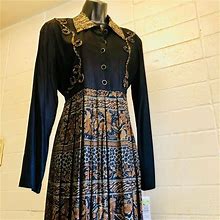 Pleated Jessica Howard Midi Dress / Terracotta Print / Black Bodice / Collar / Small-Medium