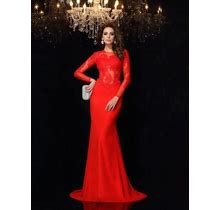 Red Illusion Lace Bodice Long Sleeve Mermaid Floor Length Prom Dress