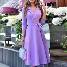 Gotyou Fashion Dresses Women's Slim Fit Solid Color V-Neck Tie Waist Side Zippered Waist Three-Quarter Sleeve Dress Purple L