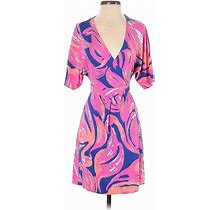 Lilly Pulitzer Casual Dress - Wrap Plunge Short Sleeve: Pink Paisley Dresses - Women's Size X-Small