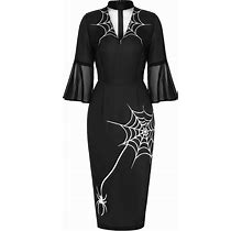 Halloween Spider Net Bell Pencil Dress Black,L