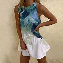 Vkekieo Casual Summer Dresses For Women Shirt Dress Crew Neck Sleeveless Printed Blue S