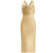 Hervé Léger Women's Disco Knit Fringe Bandage Midi-Dress - Met Gold - Size Small