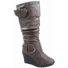 Pure-65 Women's Fashion Round Toe Slouch Large Buckle Wedge Mid Calf Boot Shoes ( Brown, 7.5 )
