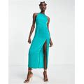 ASOS DESIGN Square Neck Satin Maxi Dress With Ruched Skirt-Blue - Blue (Size: 14)