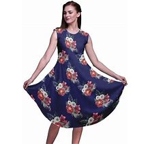 Bimba Blue Peony & Anemone Floral Women Printed Knee Length Sleeveless Shift Summer Dress-Small