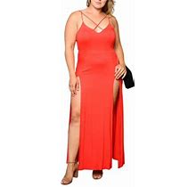 Identity Women Unisex Adult Plus Size Sleeveless V-Neck Front Slits Maxi Dress, Red, 3X