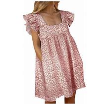 Dresses For Women Swing Women Summer Dress Elegant Square Collar Pocket Puffles Short Sleeve Midi Dress