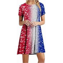 Tagold Independence Day Women Summer Sexy Casual Boho Crewneck Short Sleeve Round-Neckl Print Beach Mini Dress Red XL