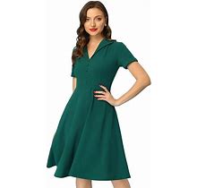 Women's 1950S Retro Vintage Short Sleeve V Neck Button Down A-Line Swing Dresses, Size: Medium, Dark Green