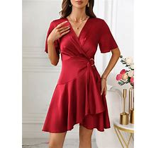 Women's Wrap Neckline Dress With Side Circular Rings Decoration,S
