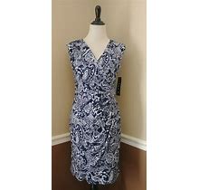 Navy Blue & White Paisley Sheath Dress 6 Wrap-Style Gathered Modcloth Tiana B