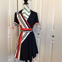 Venus Dresses | Venus Sz. 6 Wrap Around Dress. Navy, Red And White. Like New. Cold Shoulder | Color: Blue/White | Size: 6