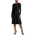 Lauren Ralph Lauren Womens Black Embroidered Lace Floral Long Sleeve Jewel Neck Below The Knee Wear To Work Fit + Flare Dress 12