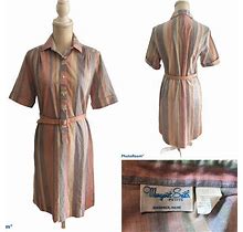 Vintage Margaret Smith Gardiner Maine Belted Shirt Dress Striped Pastel Colors