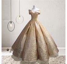 Gold Ball Gown Ombre Sequin Off The Shoulder Princess Prom Dresses