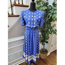 Vintage Carol Blue Floral Polyester Short Sleeve Knee Length Pleated Dress 12