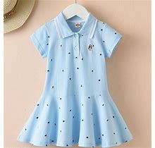 Girls Cotton Preppy Embroidery Stars Print Button Ruffle Hem Short Sleeves Sports Dress Kids Summer Clothes,Light Blue,High Demand,Temu