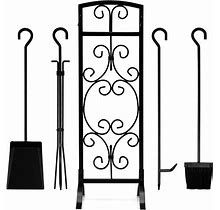 5 Piece Wrought Iron Fireplace Tools With Decor Holder-Black - Black