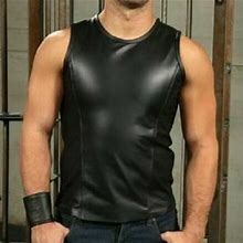 Men's Real Black Leather Sport Tank Top Shirt Sleeveless Fitted Fetish Shirt