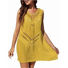 Lovskoo Women Summer Dresses 2023 Boho Dress Sleeveless Casual Solid Color V Neck Hollowed Out Beach Dress Yellow