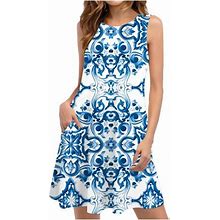 Finelylove Woman Summer Dresses Petite Summer Dresses Jewel Neck Floral Sleeveless Shirt Dress Light Blue